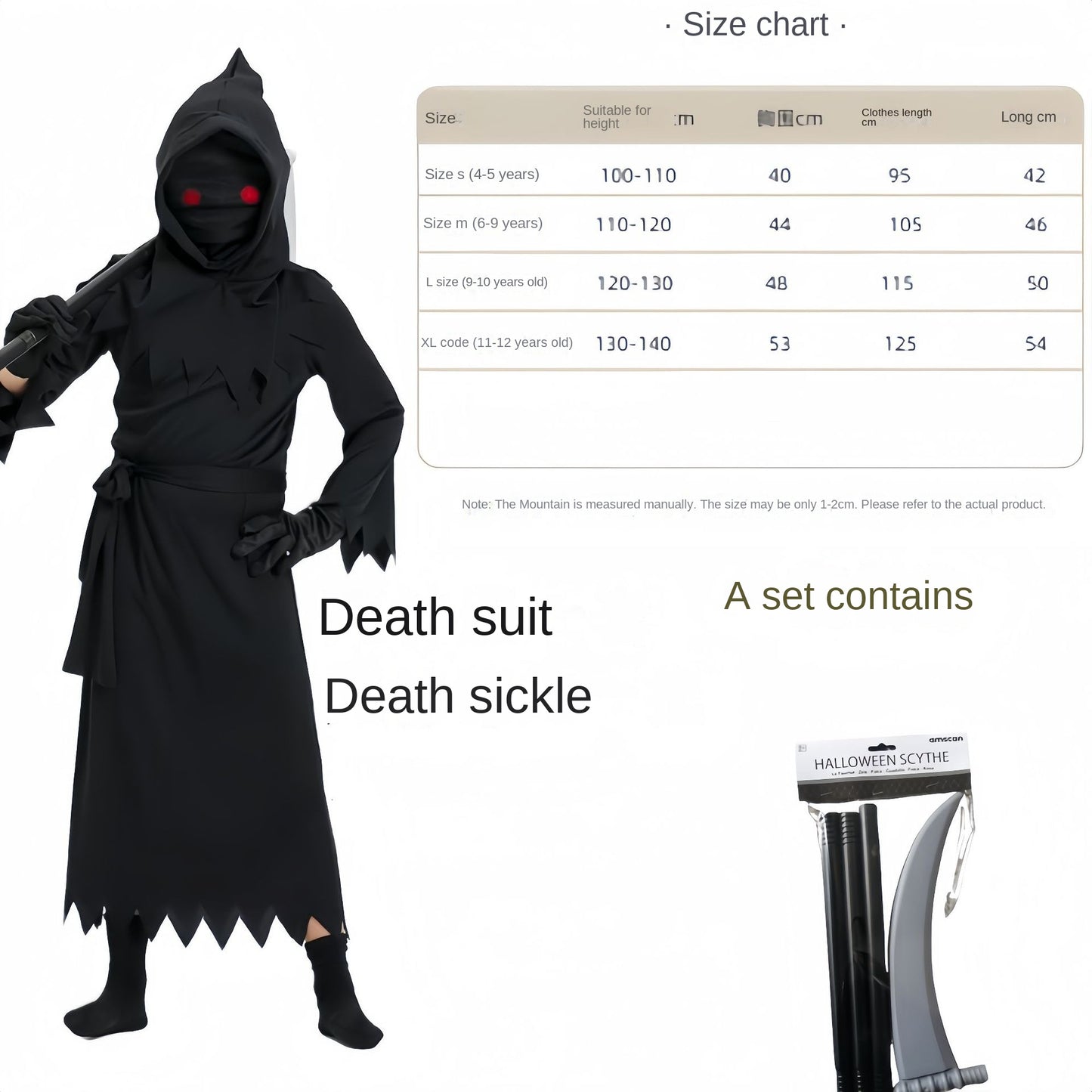 【50% OFF】【S-XL】🎃🧙‍♀️Costum de Halloween pentru copii Grim Reaper (include ochelari iluminați și coasă)